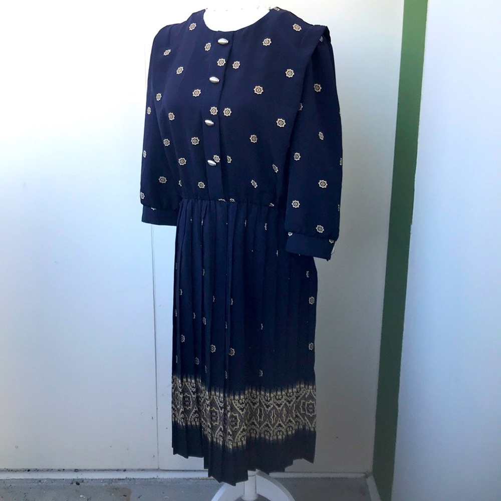 Vintage 80s Navy Pleated Midi Dress